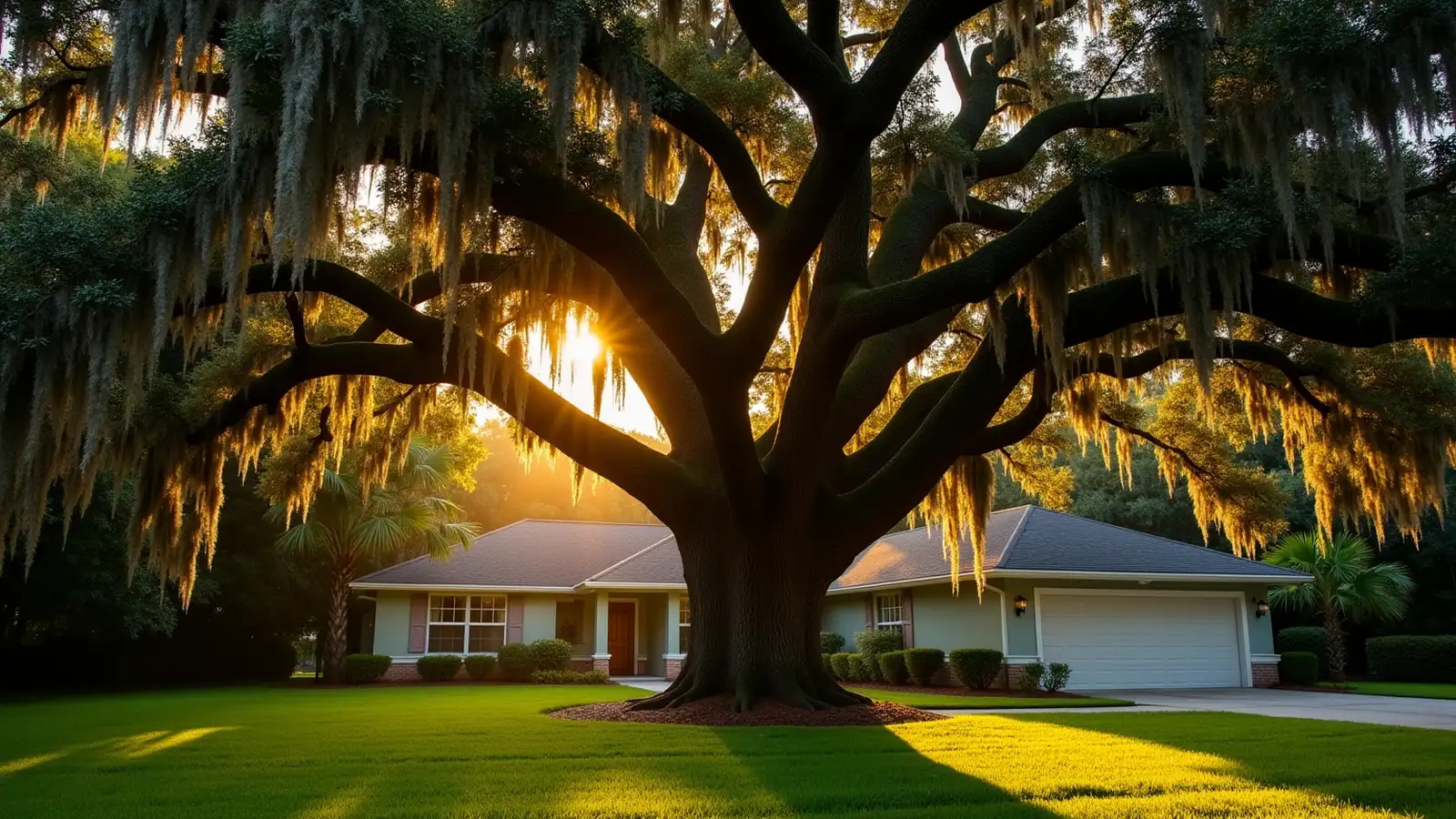 Large live oak draped in Spanish moss sheltering a home in Sebastian, Florida at golden hour